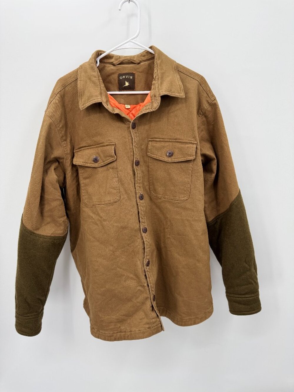 Orvis Mens Quilted Lined Canvas Shirt Jacket Size Large Tan Brown Wool Forearm